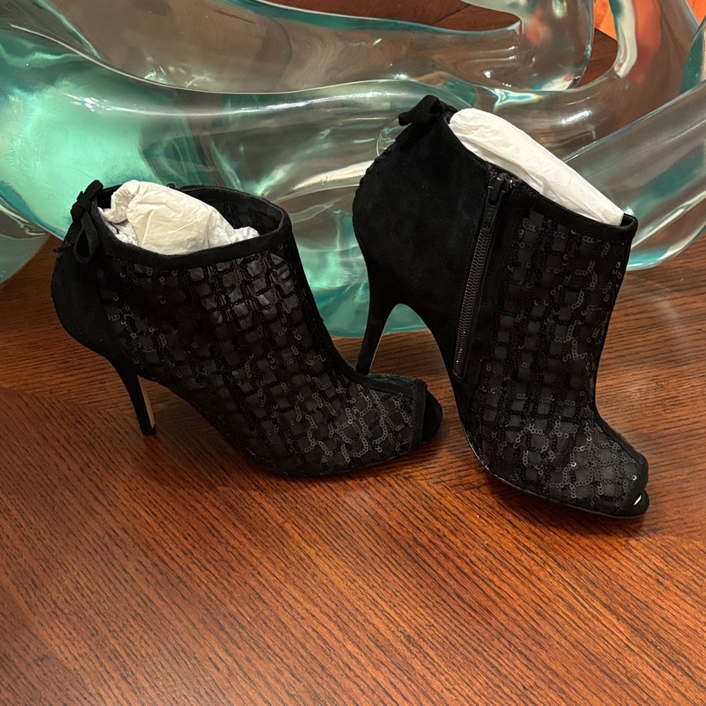 Delman Black Lace Mesh Peep-Toe Heels